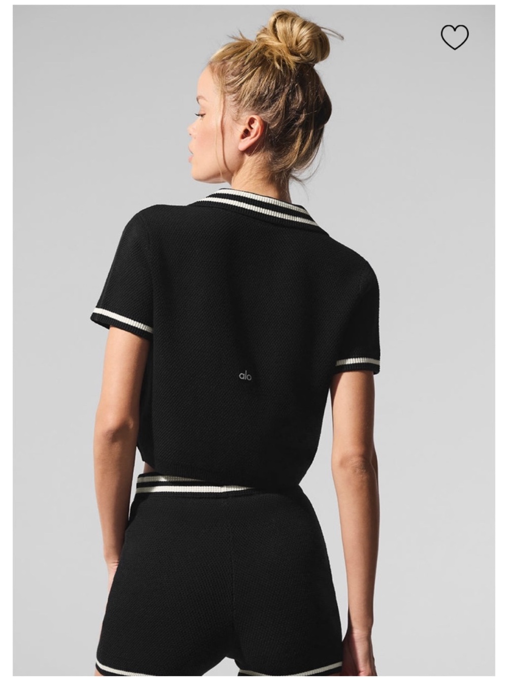 ALO Yoga Black Knit Crop Polo Top with White Stripe Trim - Picture 2 of 4